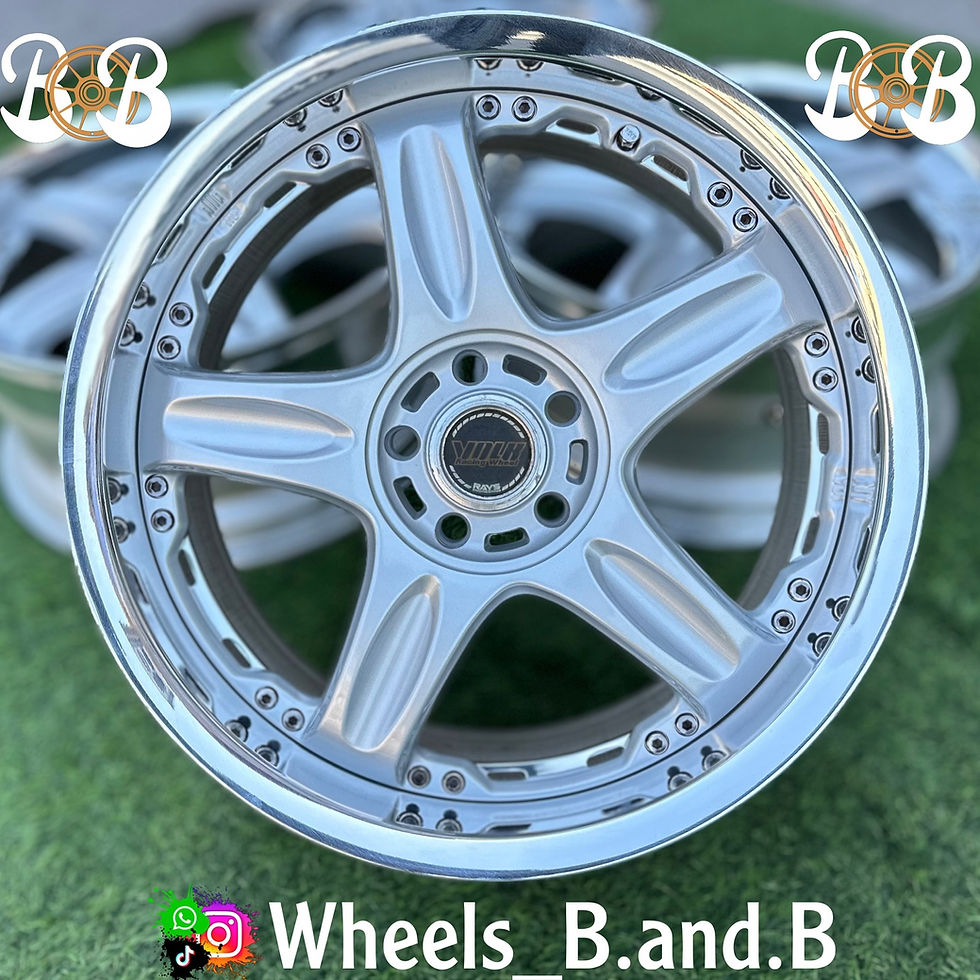Silver alloy wheel with five spokes, text: Wheels B.and.B RAYS GT-C wheels B and B