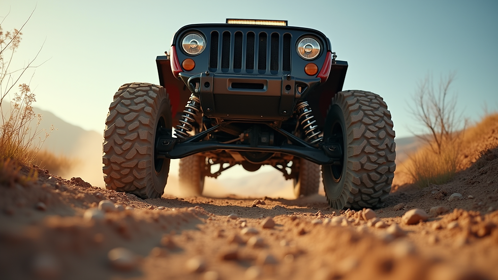 Eye-level view of a rugged off-road vehicle with durable wheels on a dirt trail