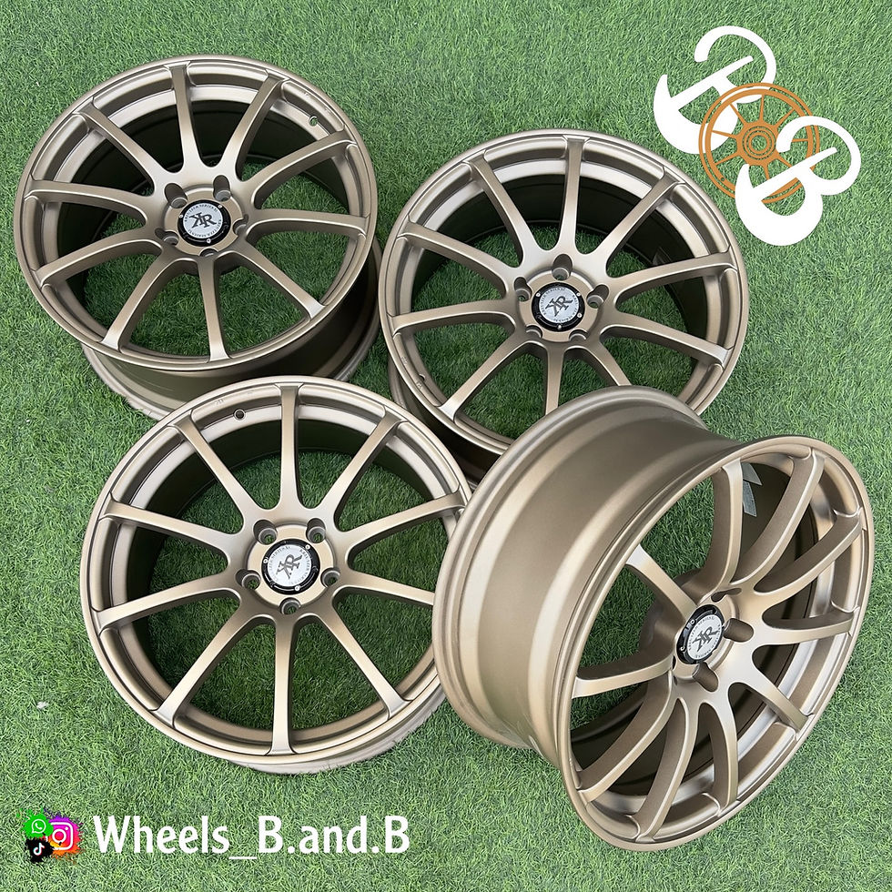 Four gold wheels Wheels_B.and.B RAYS HOMURA 2x7AG on green background.