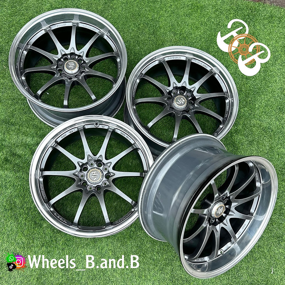 Four gray wheels with B B text and Wheels B and B on grass wheels B and B