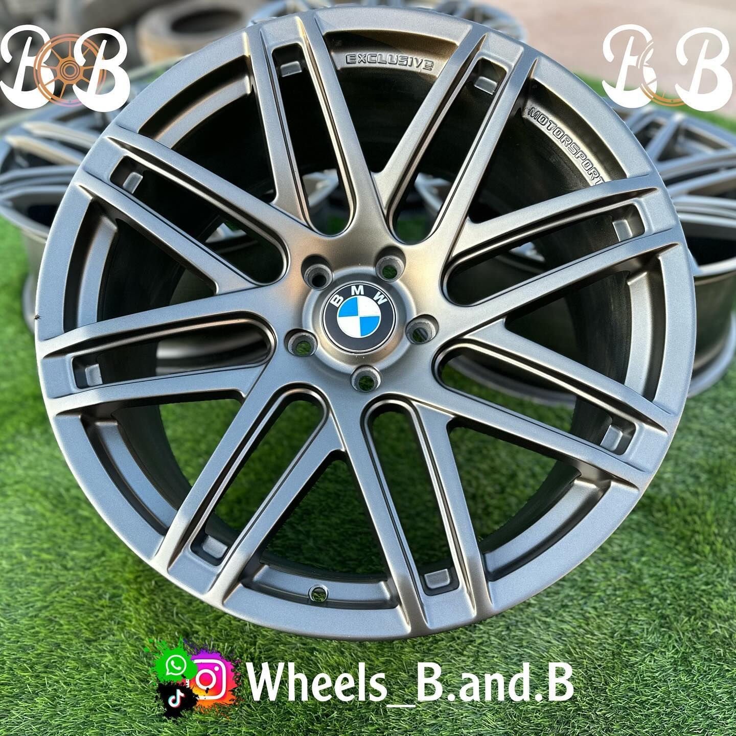 BMW wheels with text BB, Wheels_B.and.B, a close up view of wheels B and B