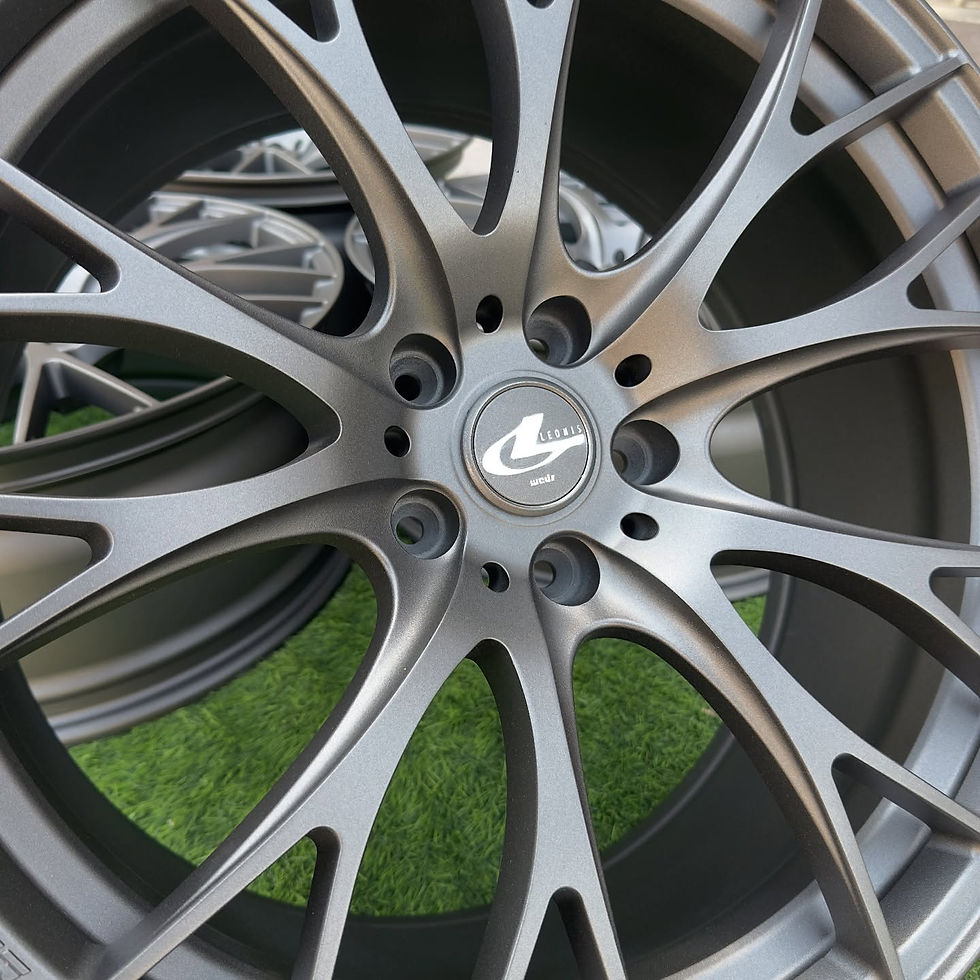 Thumbnail: Gray alloy wheel with a center logo, close-up shot, wheels B and B