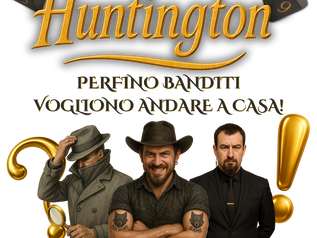 Logo del gioco da tavolo «Huntington – Anche i banditi vogliono tornare a casa!» in lettere dorate su sfondo nero, con due dadi neri a dieci facce nella parte superiore e tre personaggi nella parte inferiore: un detective con una lente d’ingrandimento, un cowboy sorridente e un uomo serio vestito di nero, accompagnati da un grande punto interrogativo e da un punto esclamativo dorati.
