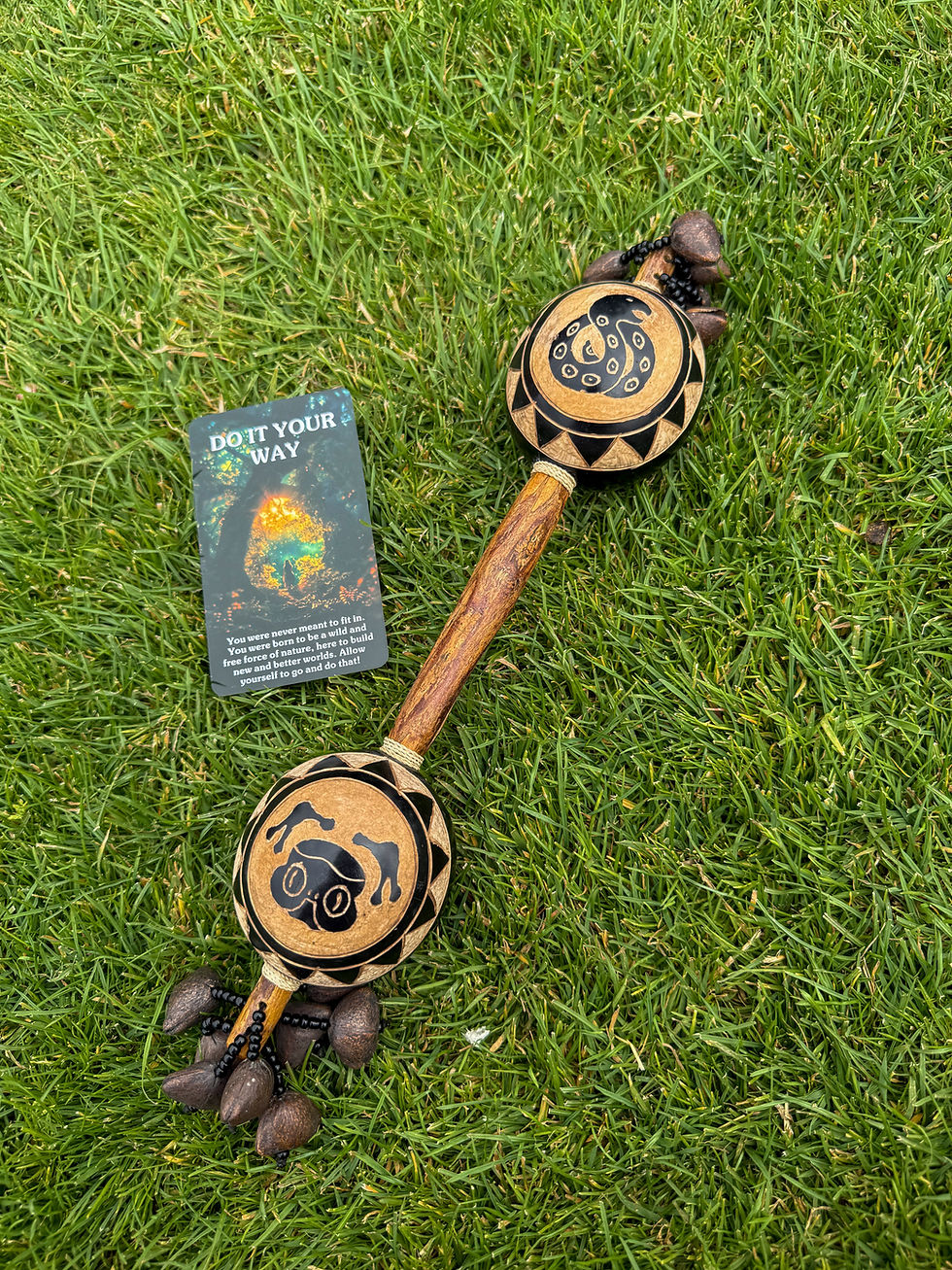 Authentic Shipibo double-headed ceremonial rattle with sacred frog and boa artwork