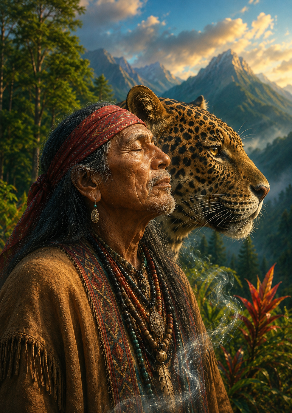 Amazonian shaman with a jaguar spirit animal standing together in a mountain forest, symbolising spiritual guidance, protection, and the connection between humans and nature.