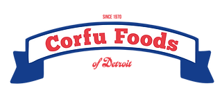 A banner logo of Corfu Foods of Detroit.
