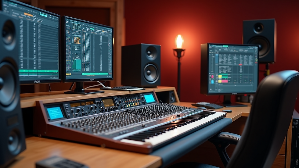 Eye-level view of a professional audio mastering studio with monitors and mixing desk