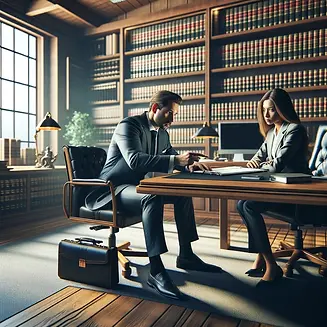 DALL·E 2024-04-04 18.21.31 - Create an image showcasing a lawyer discussing a case with th