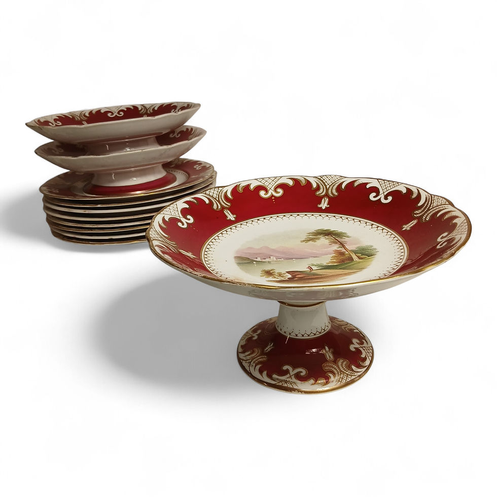Thumbnail: Large Antique English Porcelain Dessert Service - Red, Gold, & Scenic Centres