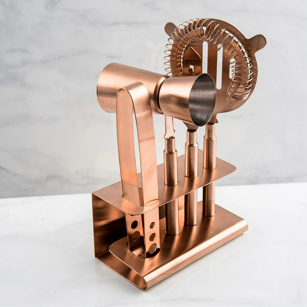 Thumbnail: Copper bar tool set: strainer, tongs, jigger, opener, knife, and muddler