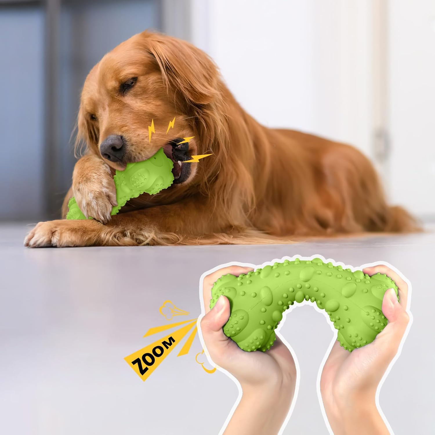 Golden Retriever playfully chewing durable green dog toy