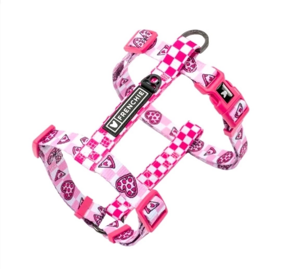 Frenchie Dog Harness – Adjustable Strap Harness Galaxy Pizza Pattern (Pink)