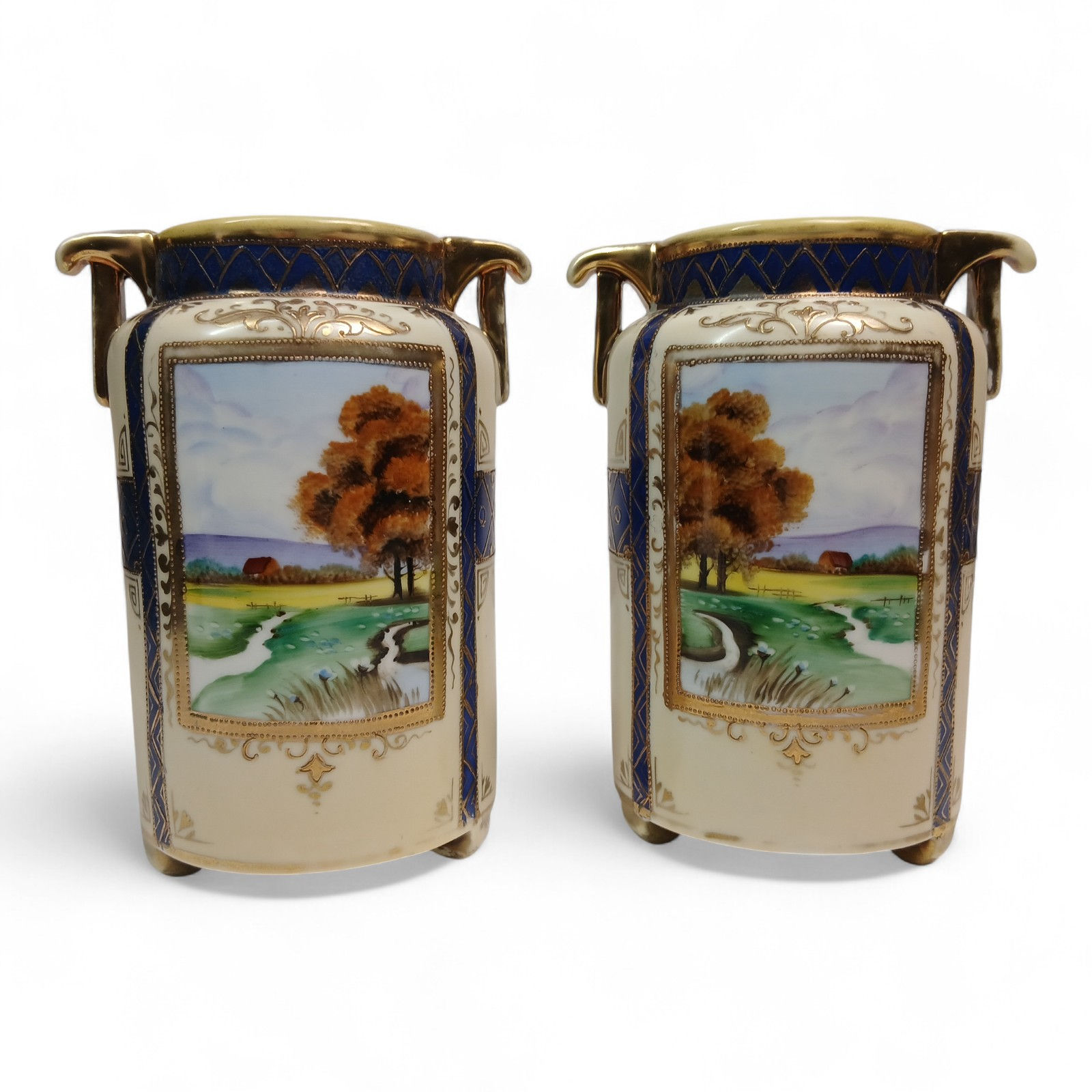 Antique Noritake Hand Painted Vases Pair | Japan 1920s Art Deco Landscape