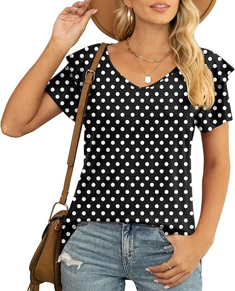 Thumbnail: YVH Womens Summer Tops Casual V Neck Ruffle Short Sleeve T Shirts Loose Fit