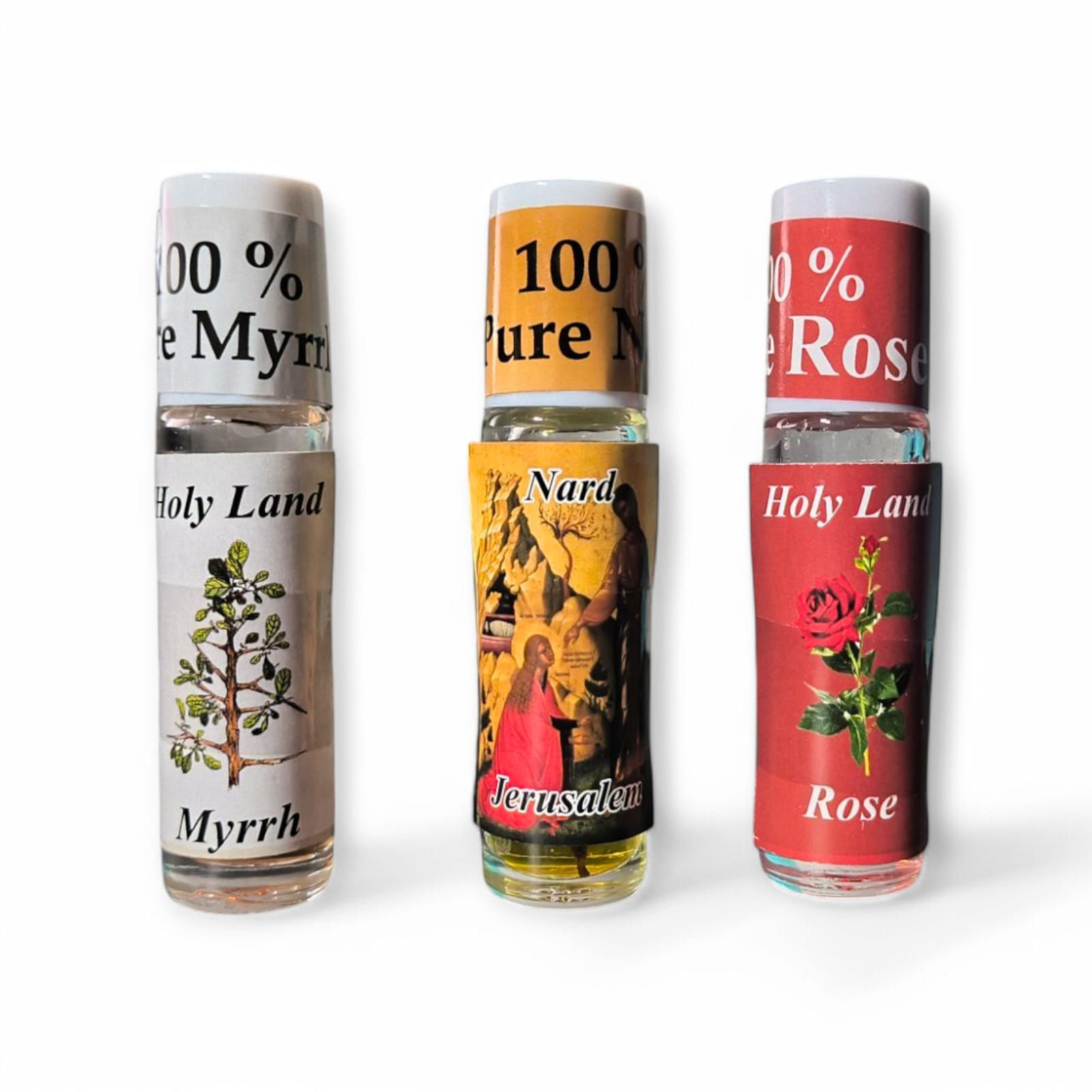 Holy Land Anointing Oil Roll-On Set – 3 Scents (Myrrh, Nard, Rose) – 100% Pure,