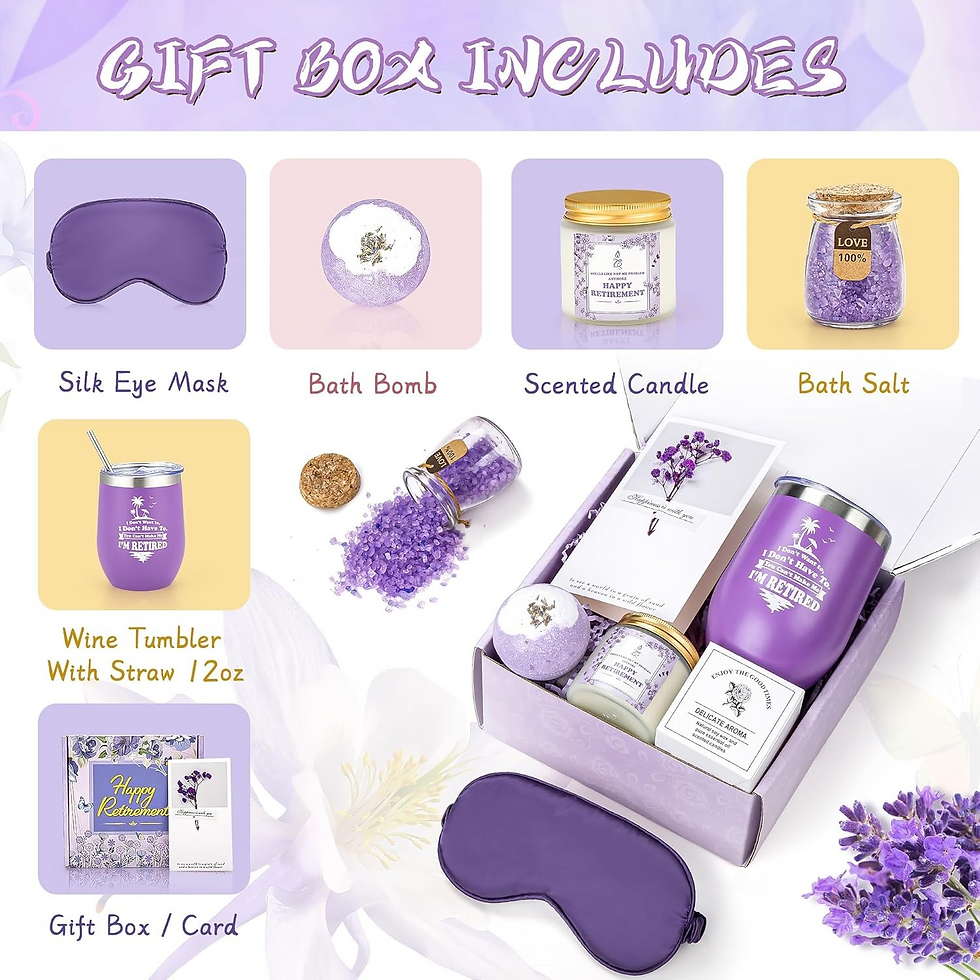 Thumbnail: Gift box includes: silk eye mask, bath bomb, scented candle, bath salts, wine tumbler, and more