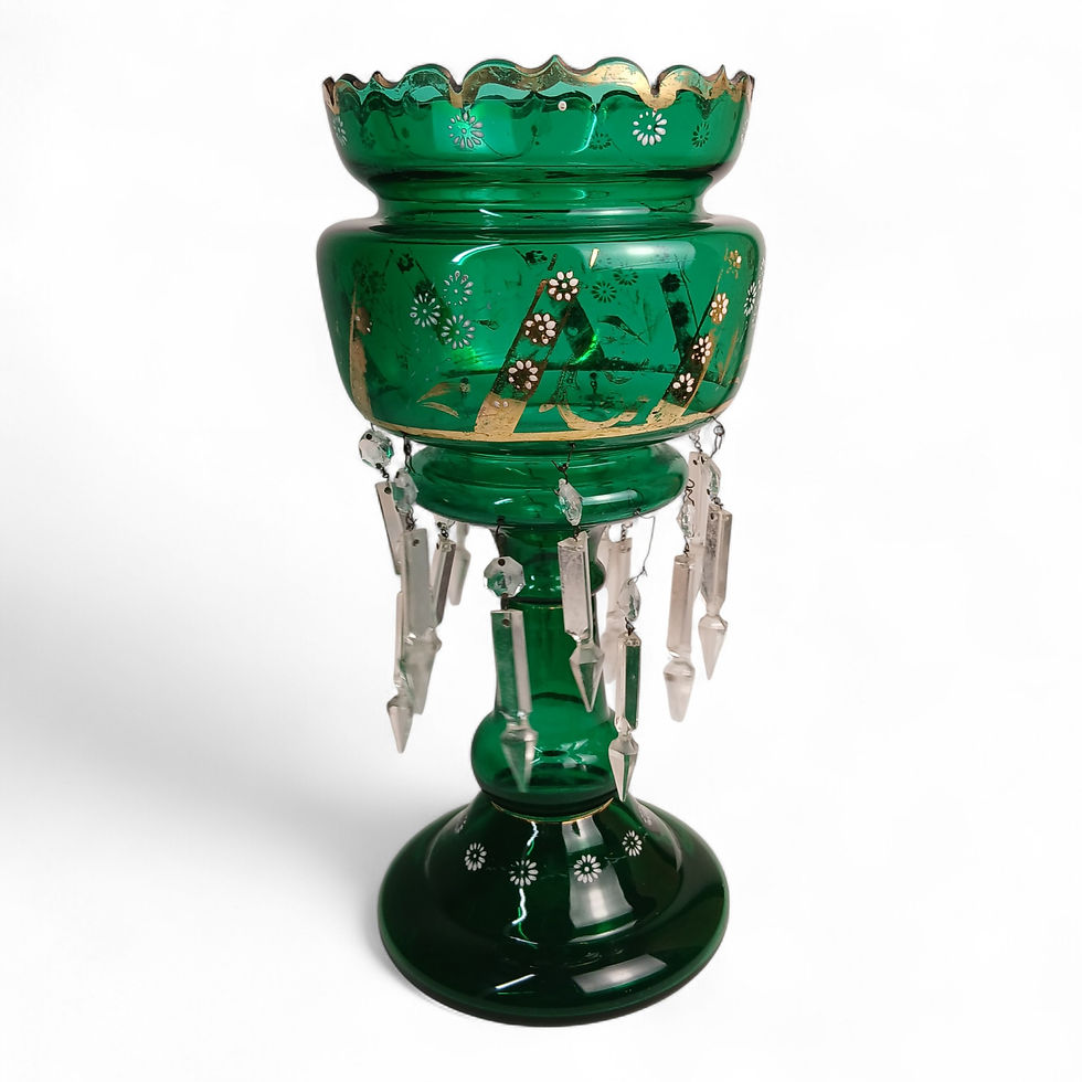 Antique Green Glass Luster Vase-Gilt & Enamel Decoration with Prisms – Bohemian