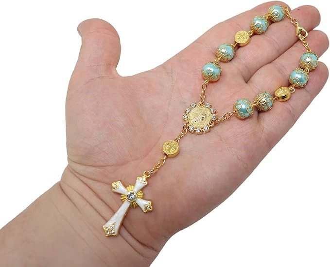 Faith & Gospel Blue Gold Rosary Beads Bracelet Handmade Catholic Prayer Chaplet