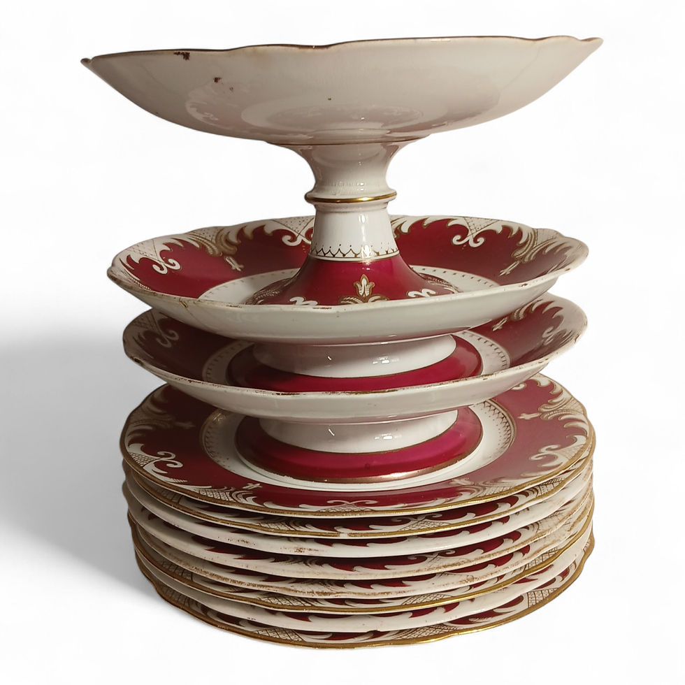 Large Antique English Porcelain Dessert Service - Red, Gold, & Scenic Centres