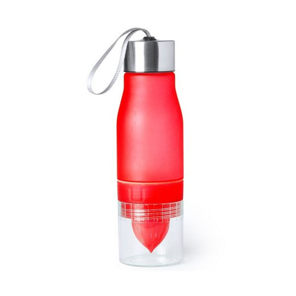 Red plastic water bottle with fruit infuser