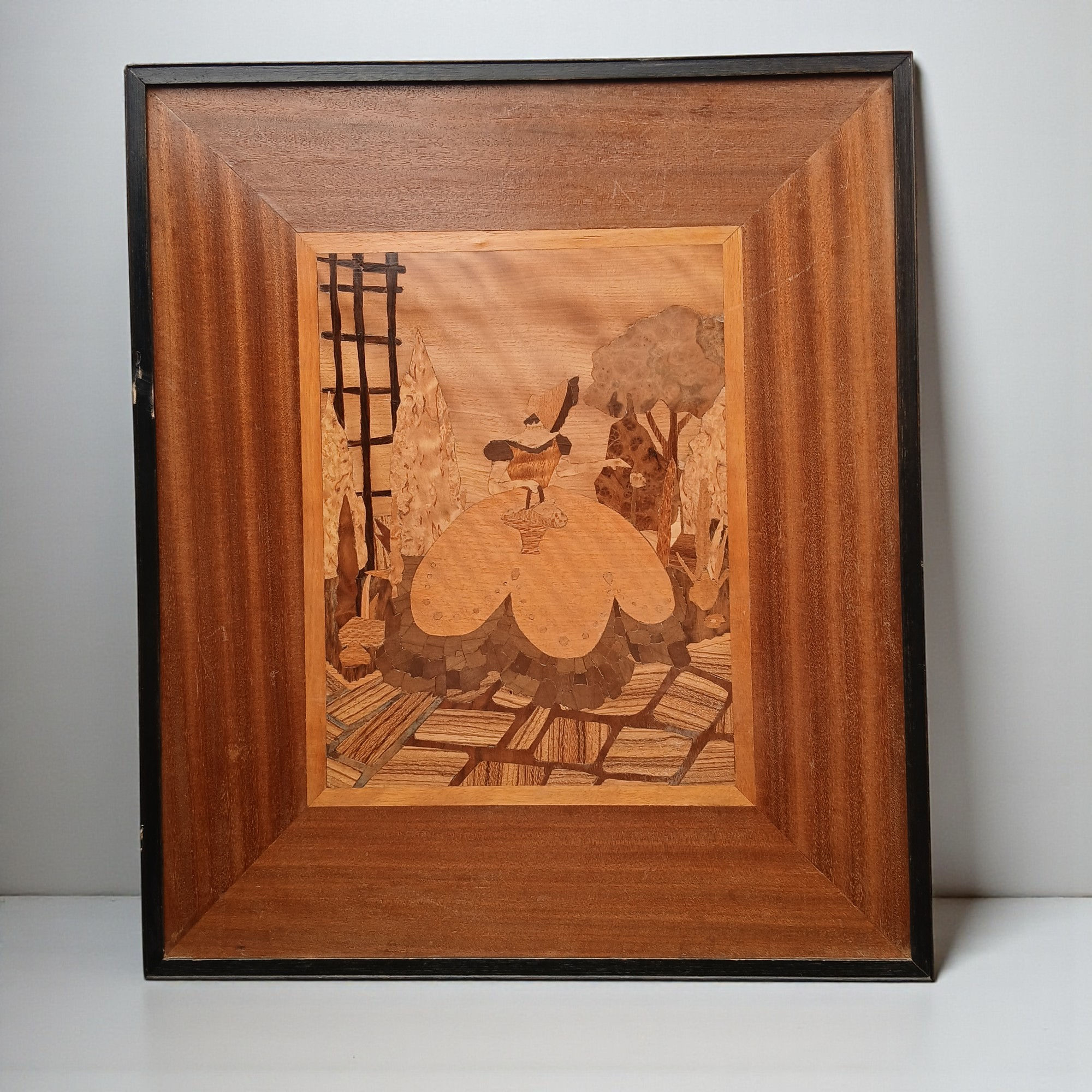 Vintage Wooden Marquetry Inlay Wall Art Framed Folk Scene Handmade Wood Picture