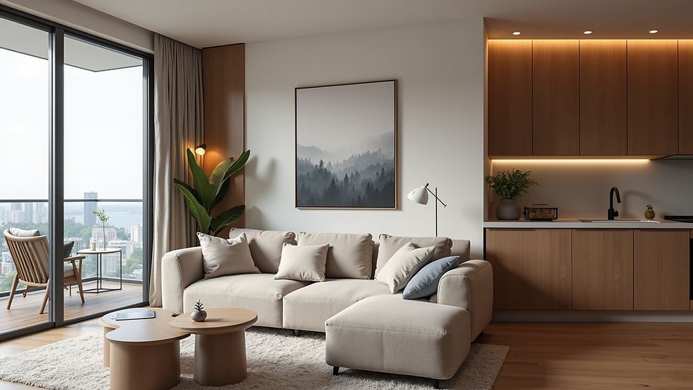 Eye-level view of a modern aparthotel living room with a cozy sofa and kitchen area