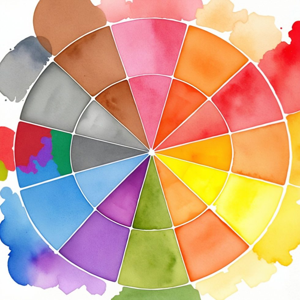 nine section watercolour wheel of red, blue, grey, brown, purple, green, orange, yellow, a