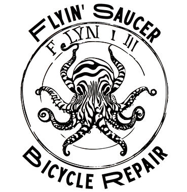 alien mascot of Flyin' Saucer Bicycle Repair independant bicycle repair shop in cincinnati