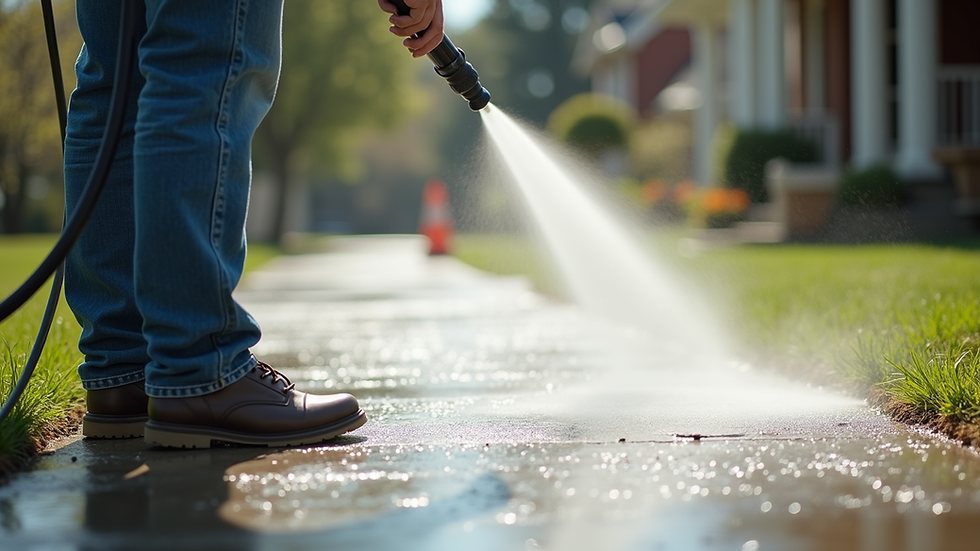 Close-up view of pressure washing cleaning a concrete sidewalk