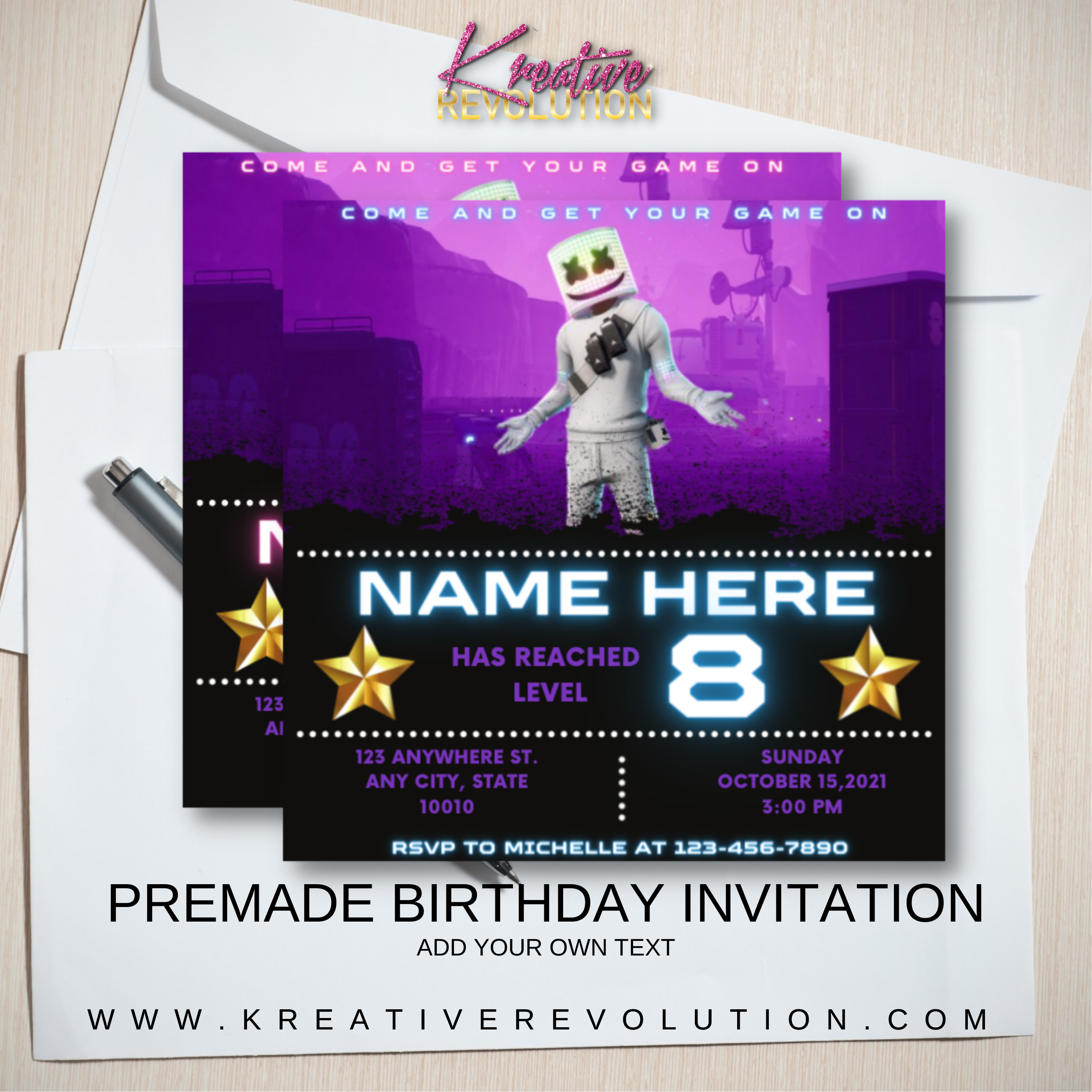 Fortnite - Marshmello Birthday Party Invitation - Purple