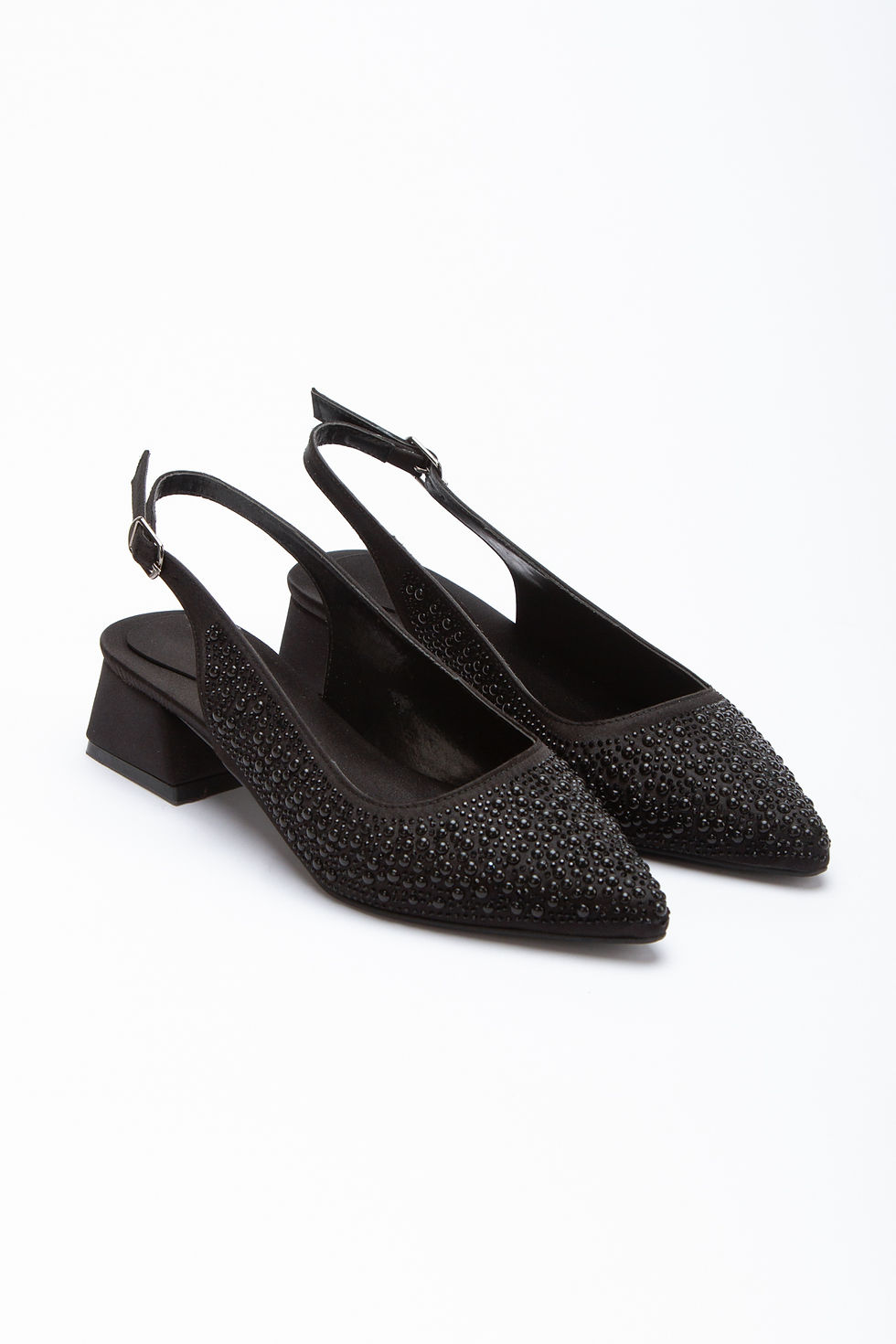 Küçük resim: Taşlı slingback kadın topuklu ayakkabı sivri burun şık abiye ve özel gün ayakkabısı siyah beyaz krem