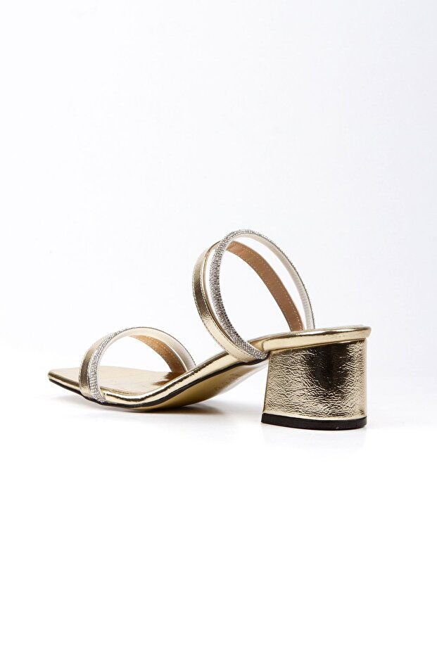 Küçük resim: Su Perisi seri gold gümüş siyah kadın topuklu ayakkabı parlak taş detaylı kısa topuk abiye sandalet şık kadın ayakkabı