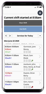 Mobile phone showing shift working for dog walker and pet sitting software