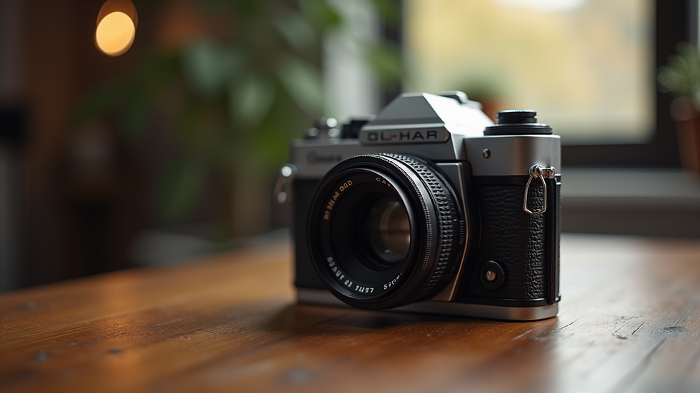 Close-up view of a vintage camera on a wooden table