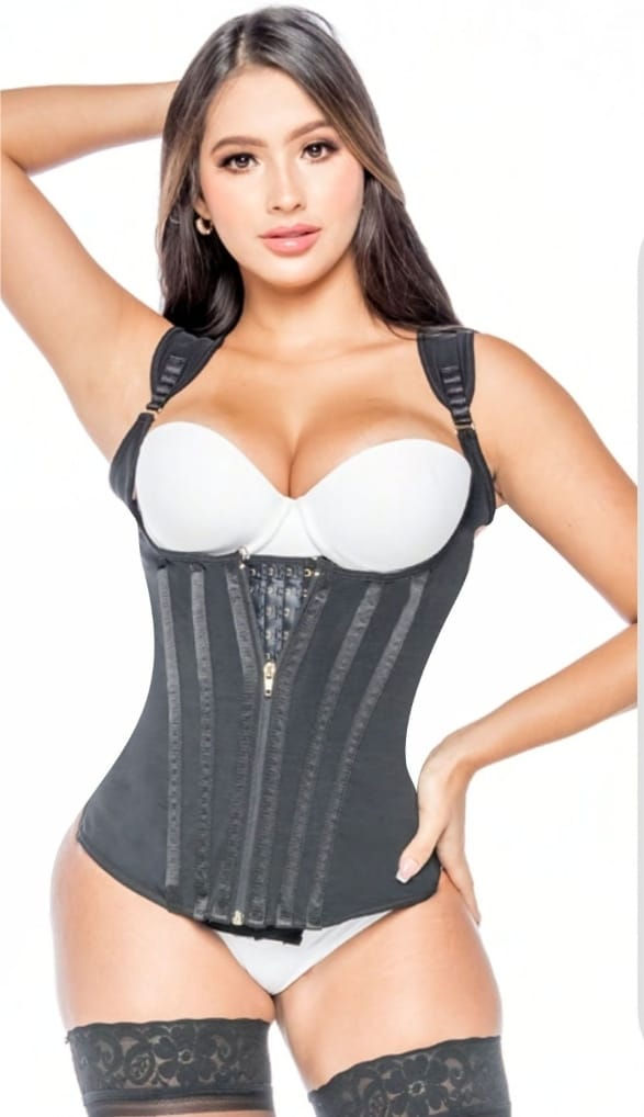 Woman wearing black body shaper, featuring Soft Shape Full Girdle with Bra & Hooks – 634, New Ladies Girdle.