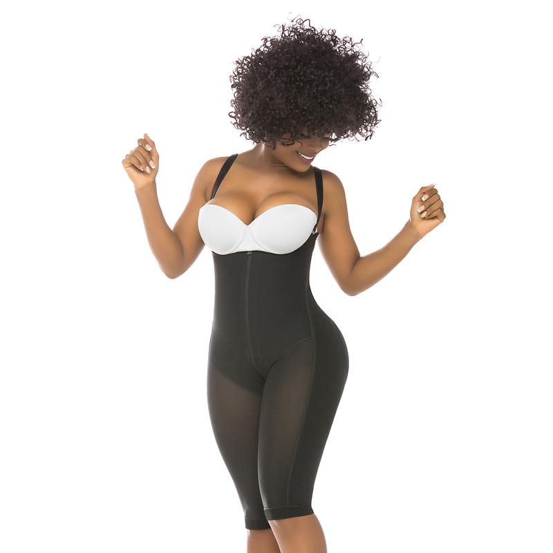 Woman wearing black Soft Compression Full Girdle Zipper Shaper Bra - 635 on white background.