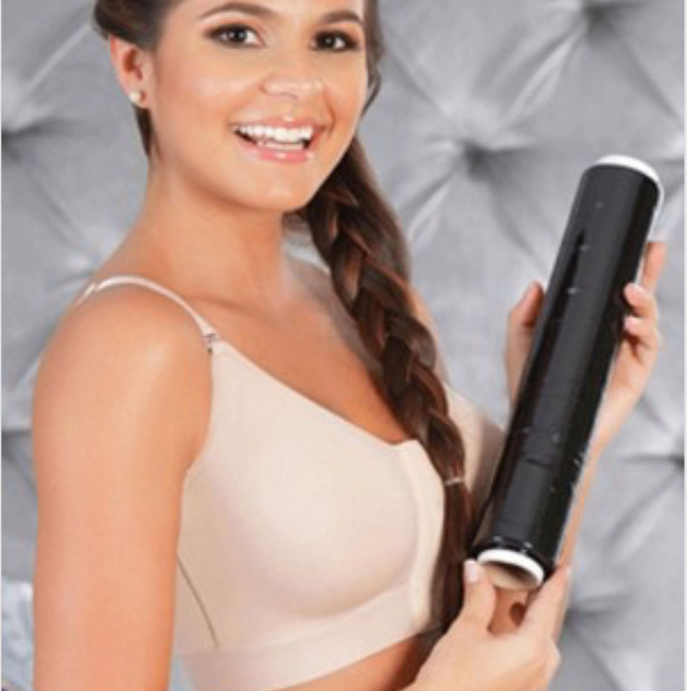 Smiling woman holding a shapewear garment, Soft Shape Full Girdle with Bra & Hooks – 634. New Ladies Girdle.