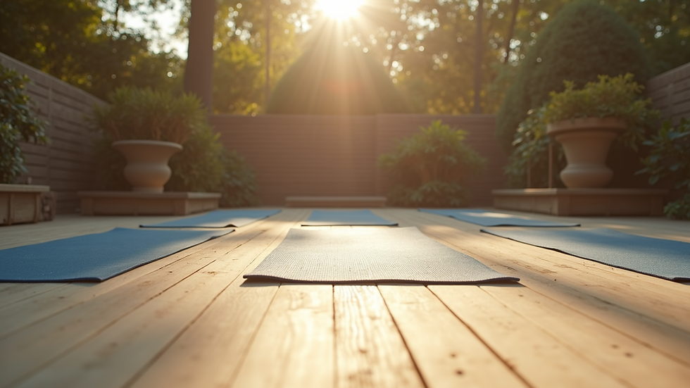 Eye-level view of a serene outdoor space with yoga mats