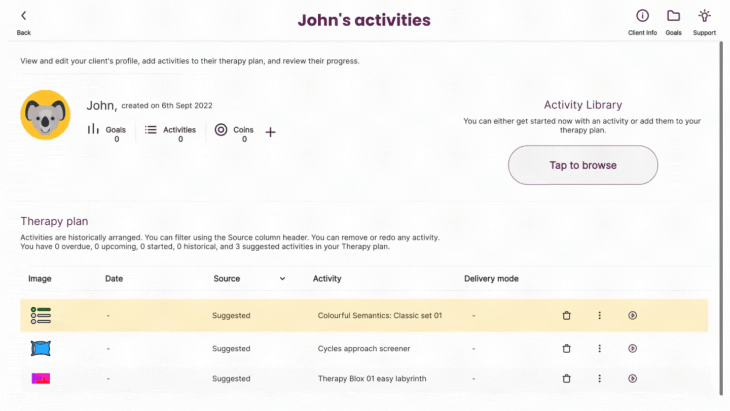Voca Quest will suggest relevant activities in the therapy plan based on client goals and previously completed activities. Goals will also be suggested based off of client performance.Â