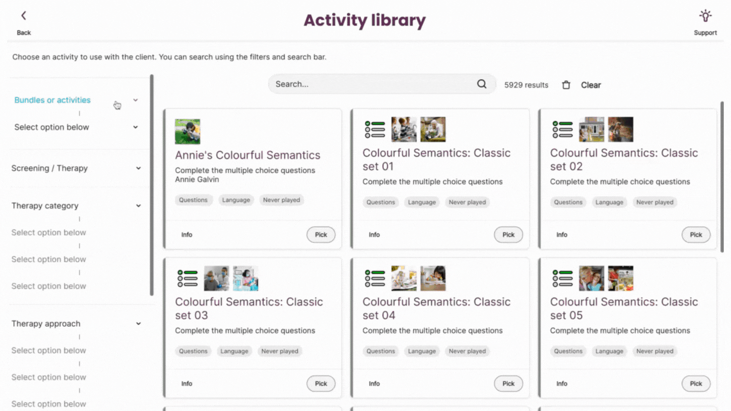 Voca Quest - The Activity Library also contains a selection of pre-built bundles, which is a quick and easy way to add resources to your client's therapy plan. 