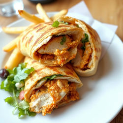 chicken toasted  wrap with fries and salad on the side