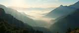 Breathtaking panoramic view of misty mountain valleys