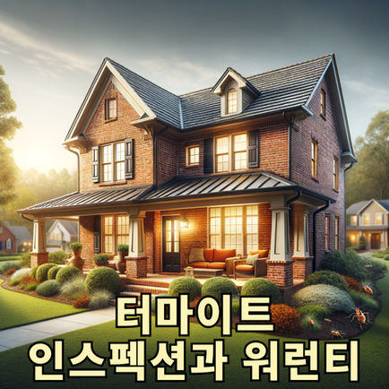 붉은 벽돌 주택과 곤충 그림 위에 ‘터마이트 인스펙션과 워런티’ 문구가 있는 표지 이미지.