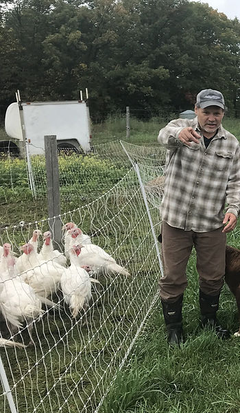 Man in baseball cap and plaid flannel shirt next to a fence with white turkeys on the other side.