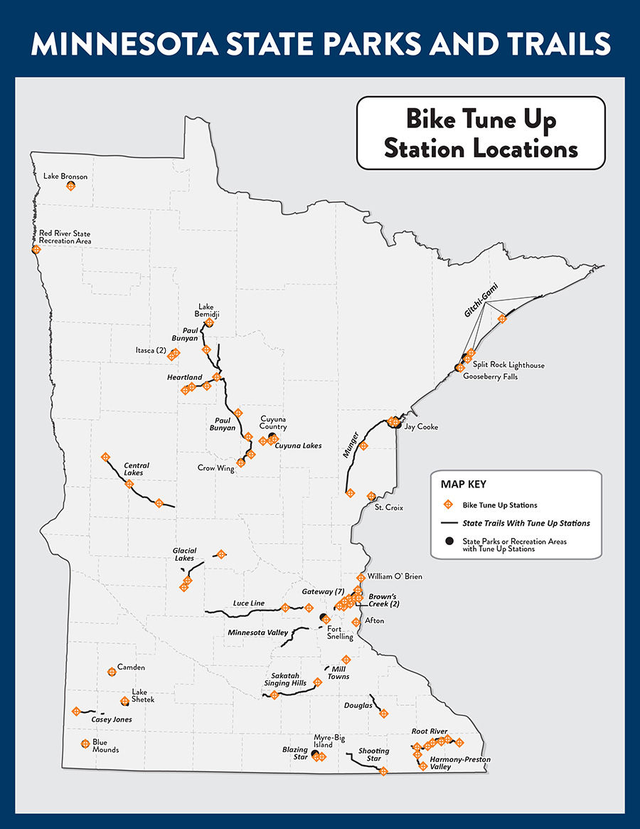 A map of Minnesota with Bike Tune Up stations marked with orange squares.