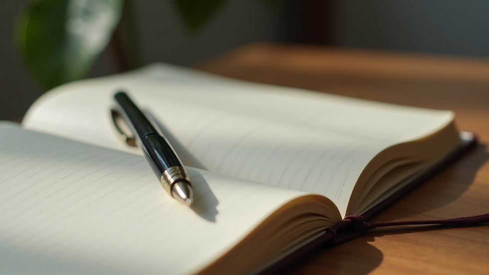 Close-up view of a journal and pen on a wooden table, symbolizing reflection and healing