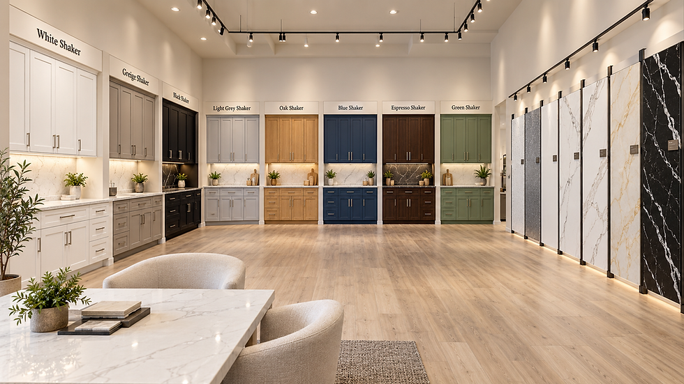 Wide landscape showroom photo with multiple cabinet colors and quartz slabs
