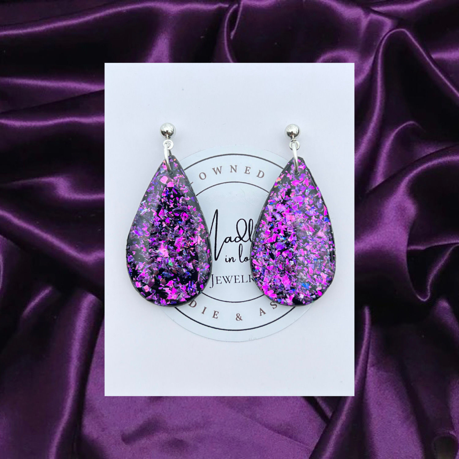 Large Anna Dangles in Black and Purple Opal and Silver