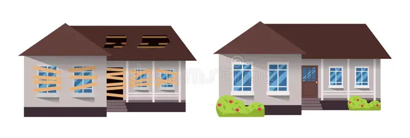 Illustration of an old damaged home flipped to a new refreshed home