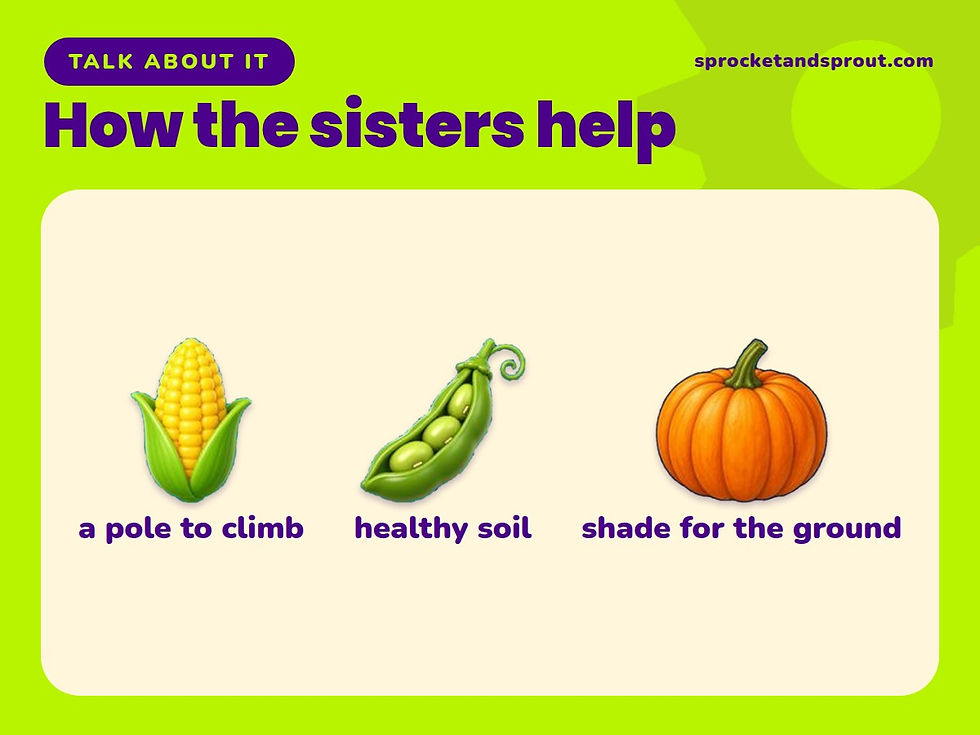 Illustration of how the Three Sisters help each other: corn gives beans a pole to climb, beans make healthy soil and squash leaves shade the ground